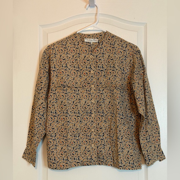 Vintage Christian Dior Button-Down Shirt with a Beige Paisley Pattern Size S